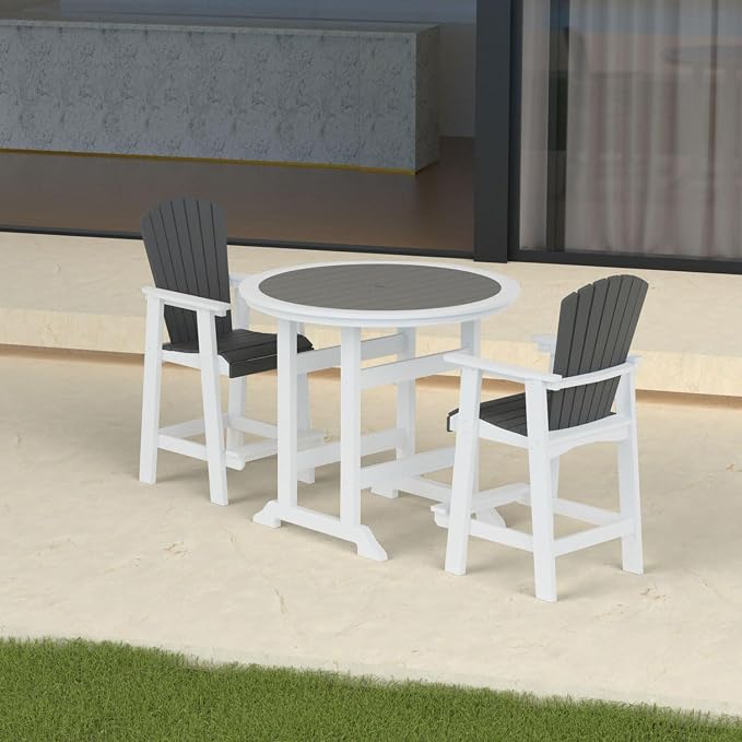 Outdoor Bar Height Table and Chairs Set of 3, Round Counter Bar Table with 1.96" Umbrella Hole, 2 Pcs Tall Adirondack Chairs Bar Stools with Arm, Patio Dining Set for Backyard Deck Balcony Front Porch