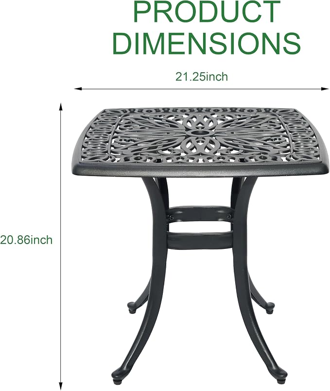 Cast Aluminum Outdoor Side Table, All Weather Metal End Table, Black Small Patio Table for Porch, Garden, Balcony, Black (21" Square Side Table)