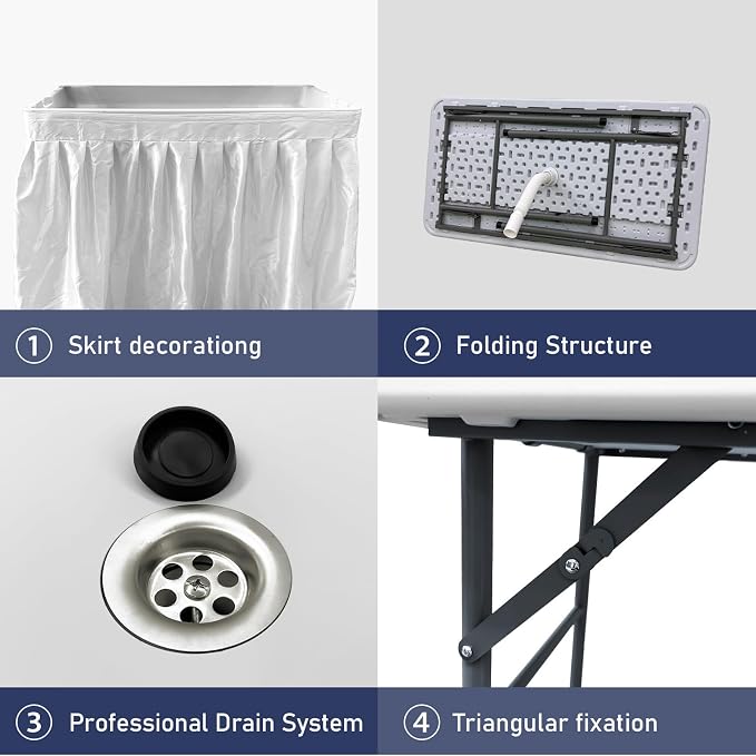 2-Tier Portable Folding Ice Cooler Table, White, with Storage Rack & Drain Hose, Ice Fill Chill Table for Drinks, Food, Camping, Beach, Backyard Parties, Weddings & Events