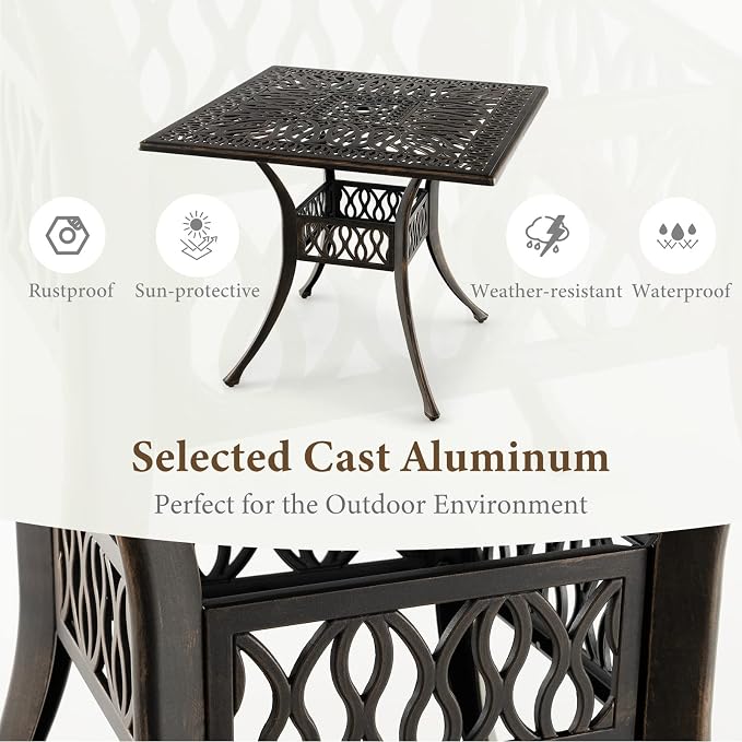 Tangkula 35.4 Inches Outdoor Dining Table, All-Weather Cast Aluminum Table with Umbrella Hole, 4 Person Square Dining Table for Garden, Backyard and Poolside