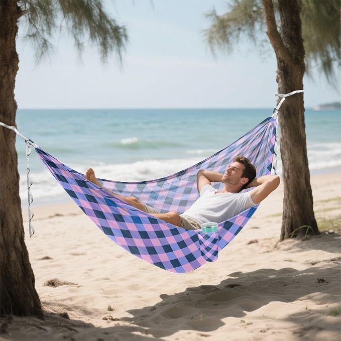 Camping Hammock Outdoor Hammocks for Outside Purple Blue Checkered Beach Trees Portable Lightweight with Pockets Tree Straps Indoor