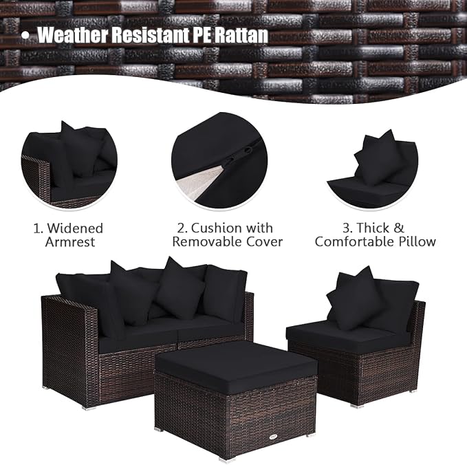 HAPPYGRILL 4-Piece Patio Conversation Set Outdoor Wicker Sofa Set, Modern Sectional Couch Set with Washable Cushions & Pillows, All Weather PE Rattan Patio Furniture Set
