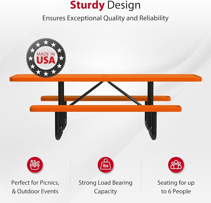 Leisure Craft Metal Picnic Table with Bench - 8 ft Rectangle Outdoor Dining Table with Umbrella Hole, Heavy Duty Thermoplastic Coating, ADA Compliant, Commercial Grade Furniture Made in USA - Orange
