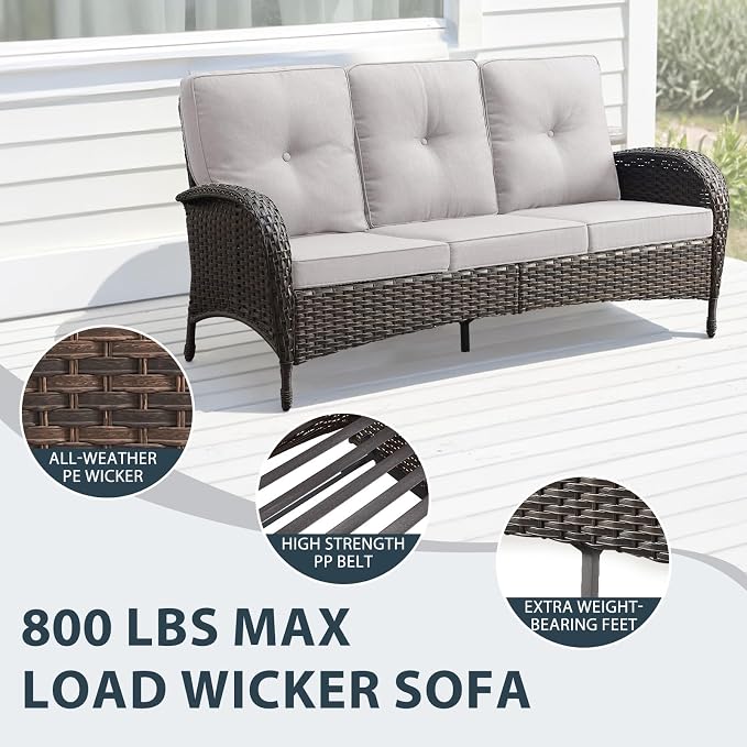 6 Piece Patio Furniture Set - Wicker Patio Conversation Set with Swivel Glider, 3-Seater Sofa, Tempered Glass Side Table and 2 Ottomans for Deck Backyard - Brown Wicker Beige Cushion