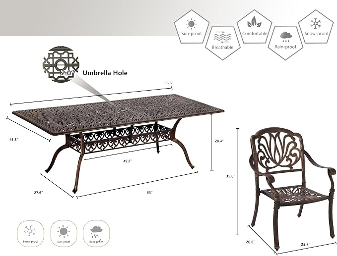Grepatio 9 Piece Cast Aluminum Outdoor Dining Set, Patio Furniture Set with 2“ Umbrella Hole and 8 Chairs, Patio Dining Furniture Set for Porch Poolside Garden (Without Cushions)