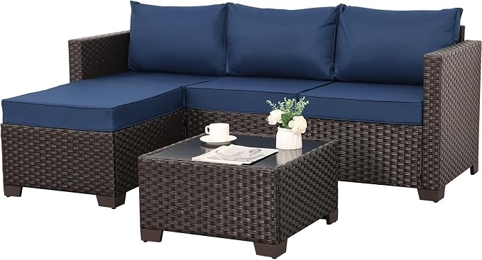 Patio Furniture Set 3 Pieces Outdoor Sectional Sofa Set Wicker Patio Furniture Outdoor Couch Outdoor Ottoman Coffee Table with Glass All-weather Non-slip Cushions Waterproof Covers, Navy Blue