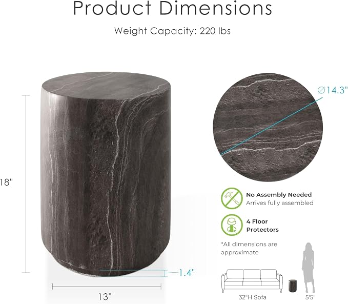 24/7 Shop at Home Ranera Modern 14-inch Natural Stone Side Table with Round Drum Base, Marble Nightstand, Patio End Table, for Living Room, Covered Outdoor Spaces, Balcony, Warm Gray Travertine