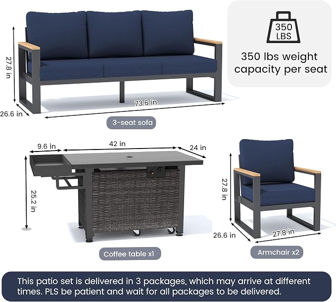 Sundale Outdoor Aluminum Patio Furniture Set, 4 Piece Outdoor Conversation Sets with Fire Pit, Ottoman and Washable Thick Cushions, All Weather Outdoor Sectional Set for Deck, Lawn (Navy Blue)