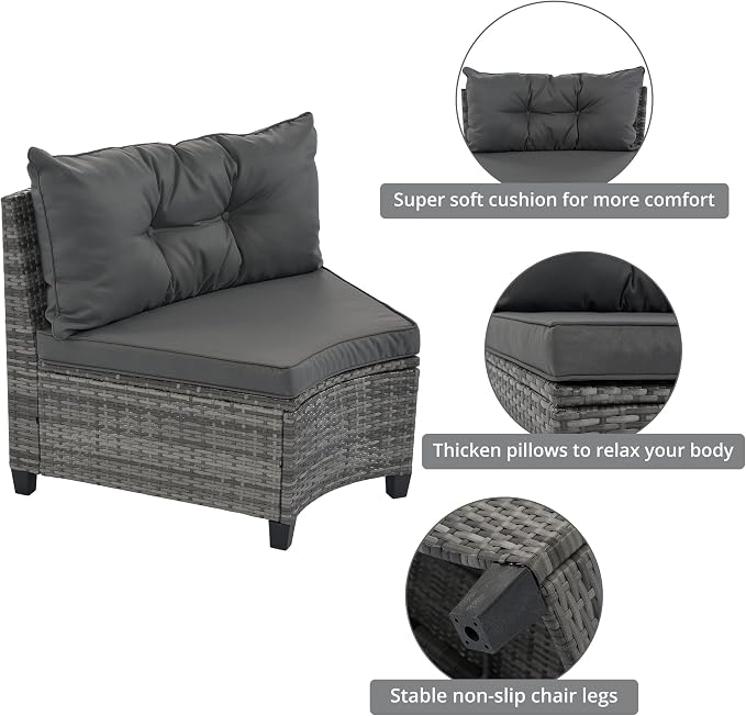 8 Piece Outdoor Wicker Round Sofa Set, Half-Moon Sectional Set with Tempered Glass Top Rectangular Coffee Table, Curved Patio Conversation Seating Set for Porch Backyard, Grey
