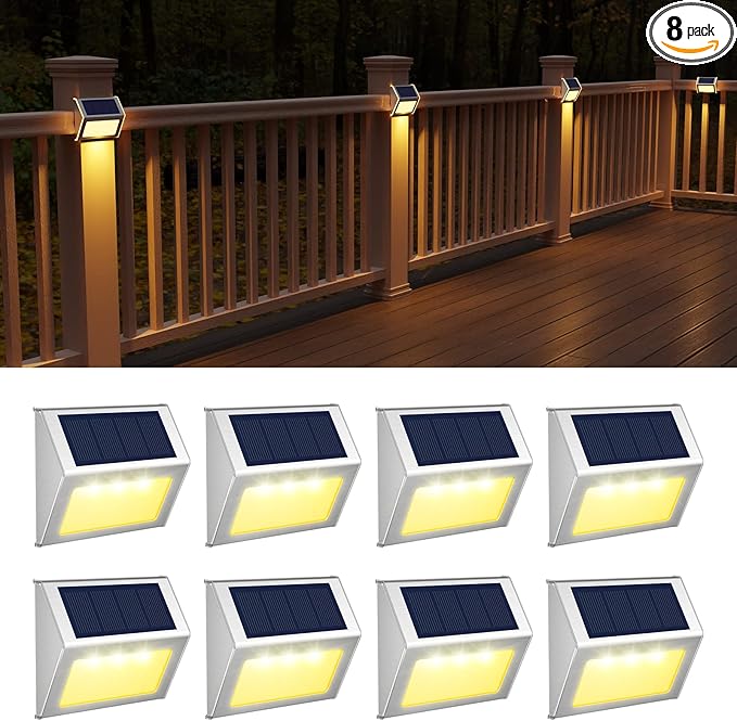 JSOT Solar Lights Perfect for Deck, Fence, Stair, Step Decor-Warm White-8P | Stainless Steel, Waterproof, Solar Powered, Garden, Patio, Deck Rail