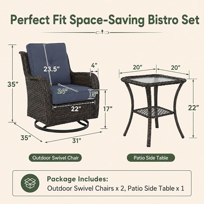 HUMMUH 3-Piece Swivel Rocking Rattan Chair Outdoor, Patio Bistro Furniture Conversation Set with Cover,Cushioned Wicker Chair with Glass Coffee Table(Brown, Blue)