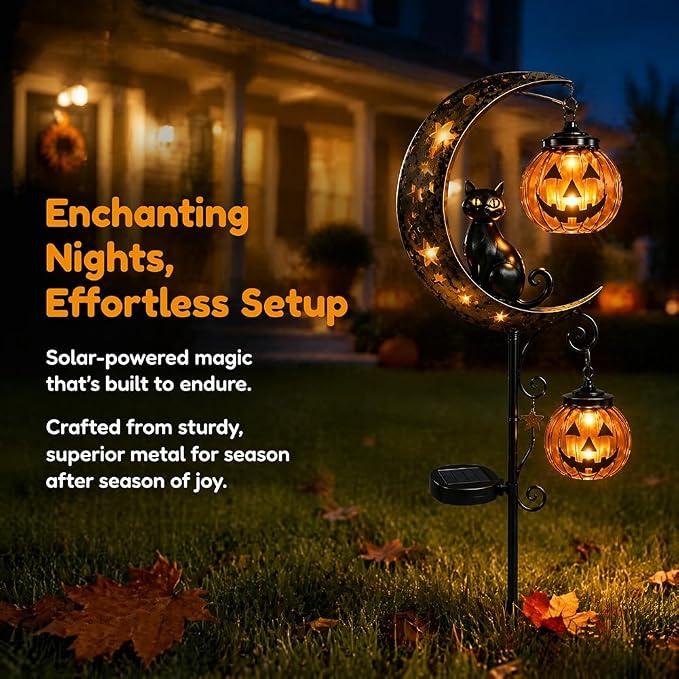 Solar Halloween Black Cat & Pumpkin Moon Garden Stake Light, Outdoor Waterproof LED Yard Decoration with Crescent Moon, Hanging Jack-o'-Lantern Lantern for Garden, Patio, Walkway, Porch (Style A C)
