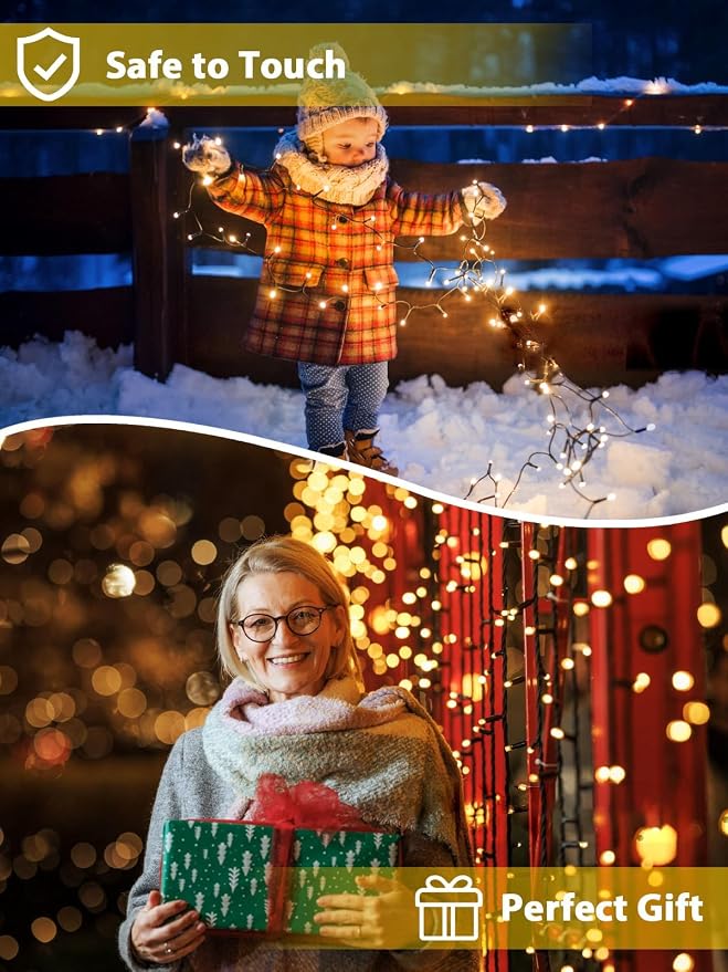Solar String Lights Outdoor 2 Pack 200 LED Solar Christmas Light Warm White | 8 Lighting Modes, Memory Function, Auto On/Off, 66FT Waterproof Twinkle Lights for Outside Garden Yard Party Xmas Tree Decor