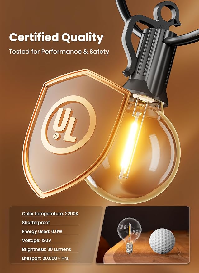 Brightown Outdoor String Lights, 209FT G40 LED IP65 Waterproof Patio Lights | 100 Shatterproof Edison Bulbs, Plug-In, Dimmable, Connectable, Outside Light for Backyard Porch Party Christmas Decorative
