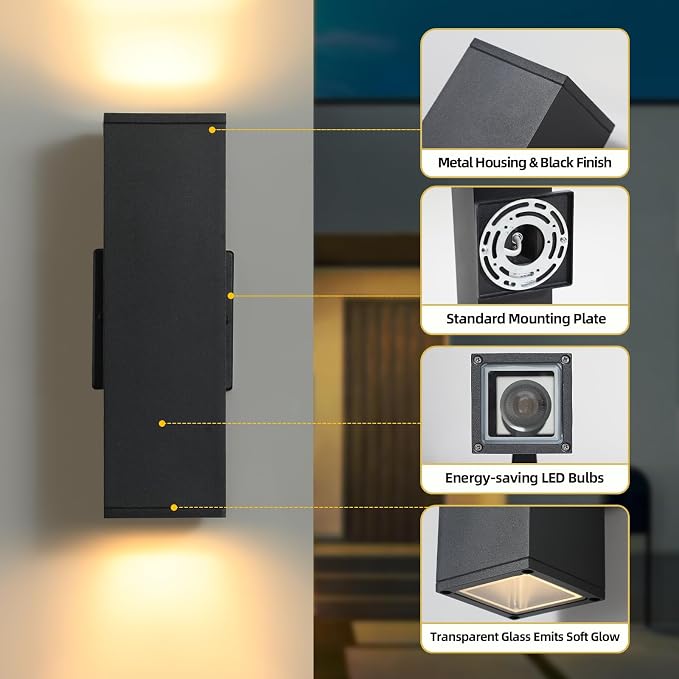 4 Pack LED Square Up and Down Lights Outdoor Wall Lights, Matte Black Exterior Lighting Fixtures with 7W LED Bulbs, Modern Outdoor Lights for House, Garage, Porch, Doorway
