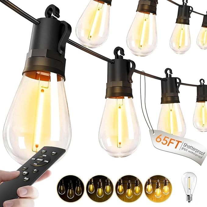 Outdoor String Lights Patio LED - Light Outside Waterproof S14 Porch Lighting Edison Plastic Bulb Pergola Hanging Balcony Connectable Backyard Yard Gazebo Party Garden Bistro 20M 65FT