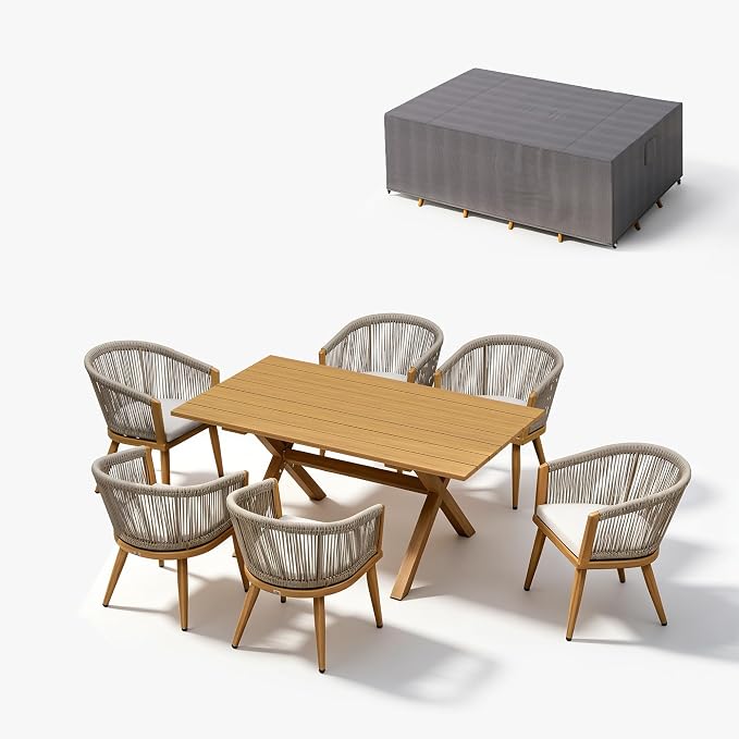 PURPLE LEAF Outdoor Dining Set with Waterproof Furniture Cover 7-Piece All-Weather Patio Set for 6 with Woodgrain Aluminum Table Rope Weave Chairs and Cushions, Teak