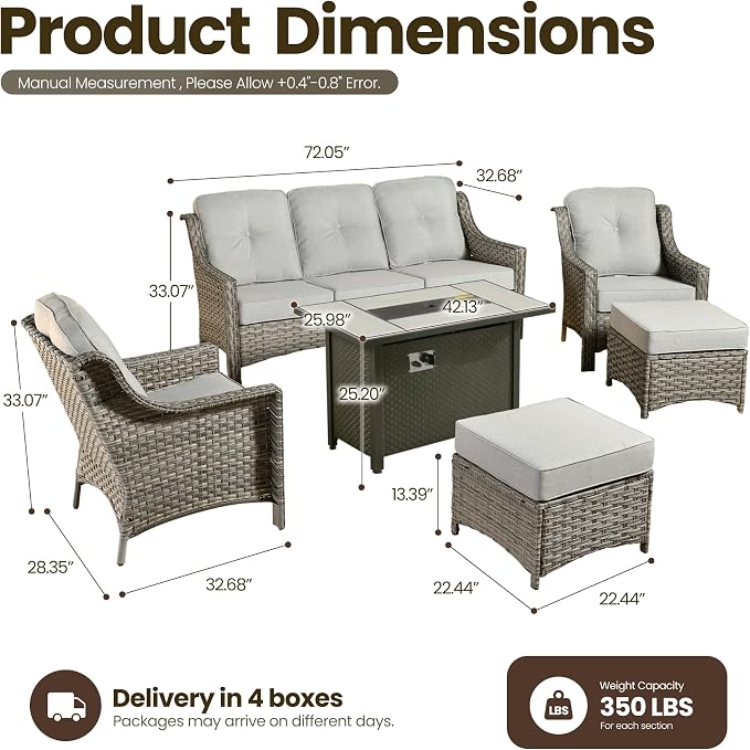 6 Piece Patio Furniture Set with Fire Pit Table, Outdoor Wicker High Back Sofa Chairs Ottoman with Comfy Cushions, Modern Conversation Sets for Backyard Deck Garden Poolside, Grey