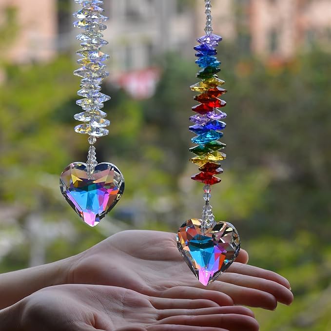 2PCS Heart Crystal Suncatcher Prisms for Windows (Exquisite Heart) | Exquisite, AB Color, Transparent, K9 Glass, Rainbow Maker, with Hooks & Cord