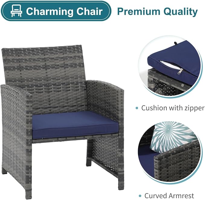 OC Orange-Casual 5 Piece Patio Furniture Set, Wicker Outdoor Conversation Chair and Ottoman Set with Coffee Table, for Balcony, Porch, Deck, Navy Blue