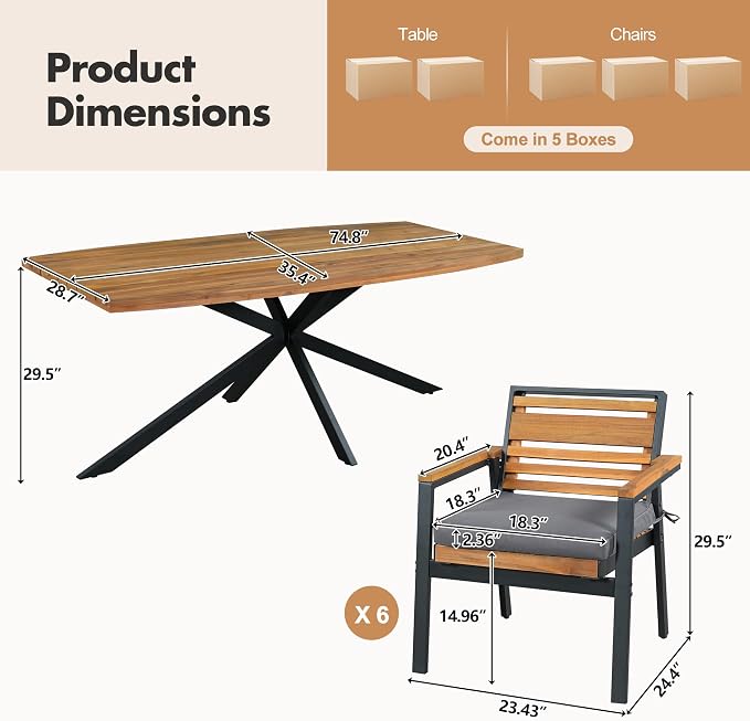 7-Piece Outdoor Patio Dining Set, All-Weather Rectangle Table and 6 Chairs with Dual-Layer Iron & Acacia Wood Seat Frame and Detachable Cushions for Backyard Garden Poolside (Gray-5.14)
