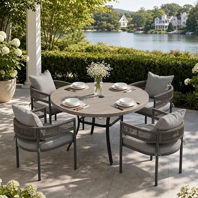 VICLLAX Patio Dining Set, 40.6" Grey Table & 4 Chairs with Grey Cushion | Outdoor Table and Chairs Set of Round Metal Patio Table, Outdoor Dining Chairs with Metal Frame, Garden Deck Porch
