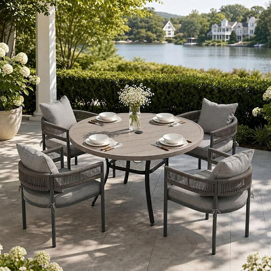 VICLLAX Patio Dining Set, 40.6" Grey Table & 4 Chairs with Grey Cushion | Outdoor Table and Chairs Set of Round Metal Patio Table, Outdoor Dining Chairs with Metal Frame, Garden Deck Porch