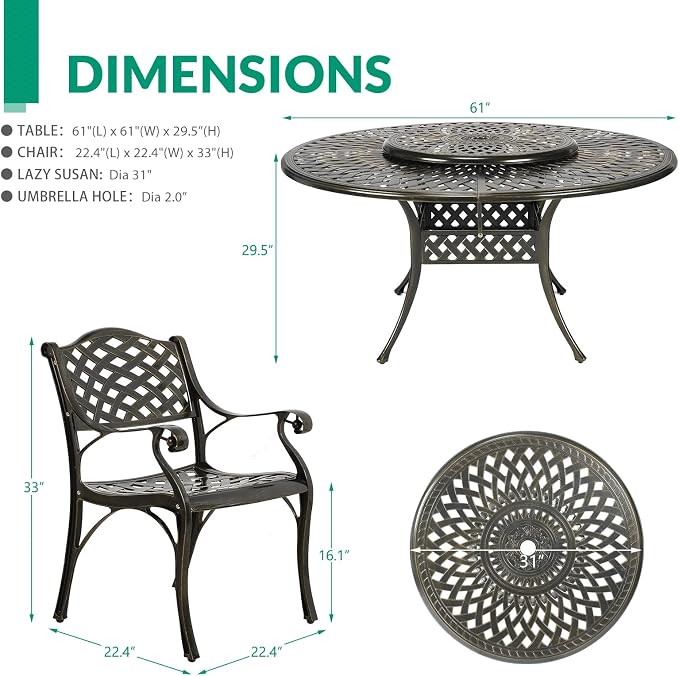 VIVIJASON 9-Piece Patio Dining Set, Rust-Free Cast Aluminum Outdoor Furniture Set, 8 Patio Dining Chairs and 61" Round Dining Table with 31" Lazy Susan, Umbrella Hole for Backyard, Patio, Garden