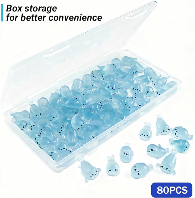 80Pcs Glow in Dark Mini Resin Seal Figurines - 4 Styles Luminous Sea Animals for Terrarium Decor, Fairy Garden, Aquarium, Small Resin Animals with Storage Box