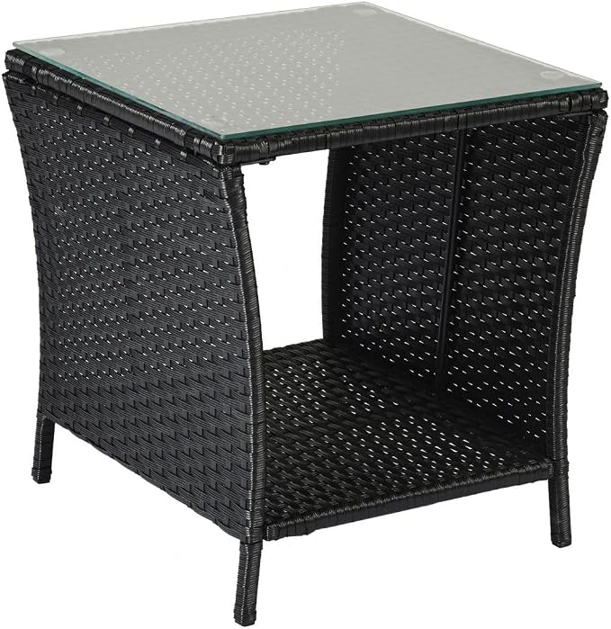 Outdoor Patio Wicker End Table Square Side Bistro Coffee Table with Glass Top Storage Shelf for Garden Lawn Backyard Black