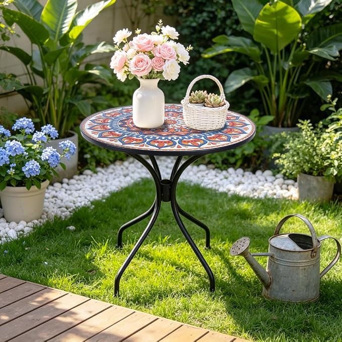 24 Inch Mosaic Patio Round Side Table with Central Column Curved Legs Indoor and Outdoor Accent End Table for Yard, Garden, Living Room, Bistro, Blue Orange Mandala