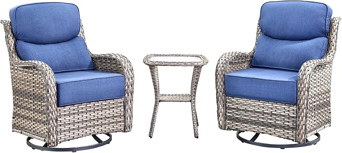 Luxury High Back Outdoor Swivel Rocker Patio Chairs with Side Table & 6-Inch Thick Cushions, 3 Pieces Patio Furniture Set for Porch, Balcony, Deck and Yard