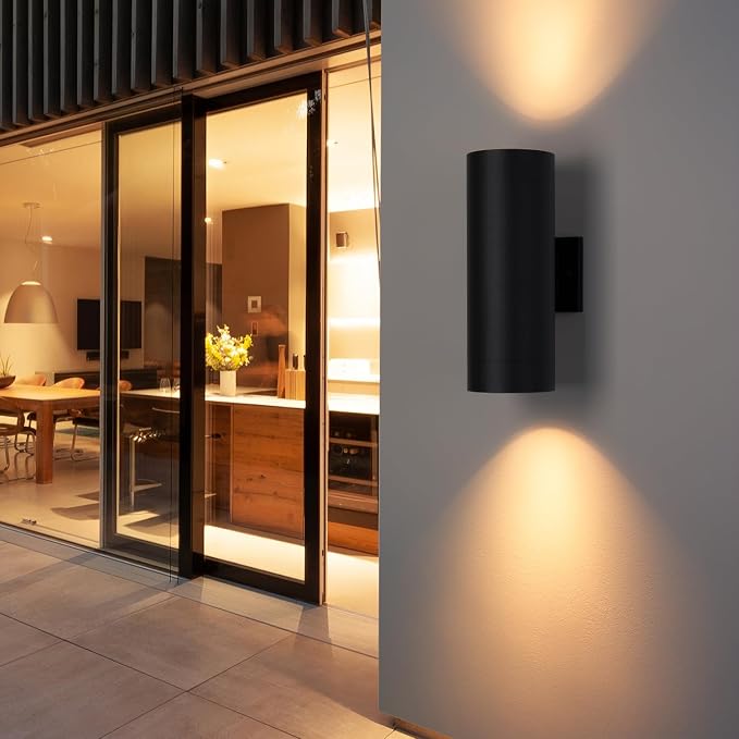 mirrea 14" Modern Outdoor Porch Light in 2 Lights, Matte Black, 2 Pack | Aluminum cylinder exterior fixtures, tempered glass cover, waterproof wall sconce & patio light for outdoor use.