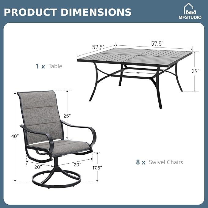MFSTUDIO Outdoor Dining Set for 8, Square Metal Table w/Swivel Chairs | Padded textilene chairs, High back, Ergonomic Design, Umbrella hole, Weather reistant, Patio deck garden backyard