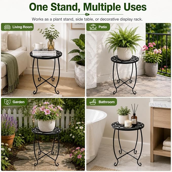 2 Pack 15 Inch Tall Plant Stands Outdoor Indoor, Metal Side Tables for Patio, Weather Resistant Flower Pot Racks with Swirl Pattern, Black End Table Set for Garden Balcony
