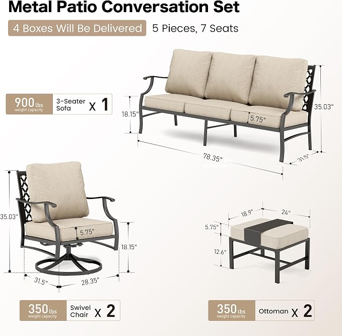 SUNSHINE VALLEY Patio Furniture Set, Modern Metal Outdoor Patio Furniture, 3 Seater Sofa, 2 Swivel Chairs, 2 Ottomans and 5.75" Extra Thick Cushion, Patio Conversation Set for Garden Backyard Deck