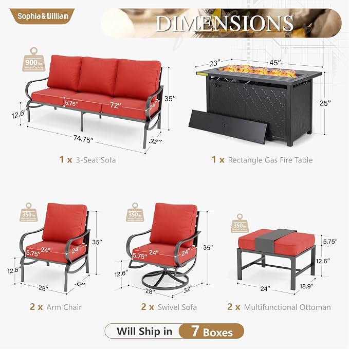 Sophia & William Patio Furniture Sets for 9 with 45" Gas Fire Pit Table Outdoor Conversation Sets 8 Pcs, 2xSofa Chairs, 2xSwivel Cushion Chairs, 1x3-Seat Sofa, 2xOttomans for Porch Poolside Red