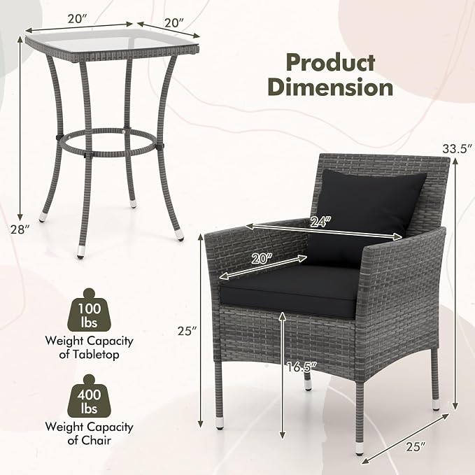 Tangkula 3-Piece Patio Furniture Set, PE Wicker Conversation Bistro Set w/A Tempered Glass Table & 2 Cushioned Chairs, Outdoor Table & Chairs Set for Patio Porch Yard Garden (Black)