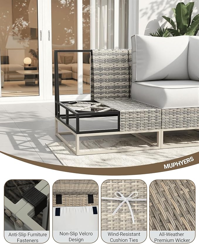 Outdoor Patio Furniture Set 13-Piece PE Rattan Wicker Outdoor Sectional Sofa with 5,000 BTU Fire Pit Table, Modern Modular L-Shaped Conversation Set with Thickened Cushions and Chunky Arms, White