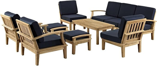 Modway Marina Premium Grade A Teak Wood 10-Piece Outdoor Patio Furniture Set in Natural Navy