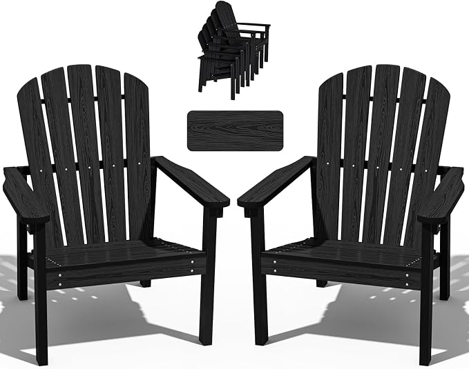 nevilywood Compact Stackable Adirondack Chairs Set of 2,HDPE,380lbs,Black | 26.3" Wide HDPE.All-Weather Outdoor.Maintenance-Free.Stackable for Storage.25°Curved Straight Backrest.Quick Assembly