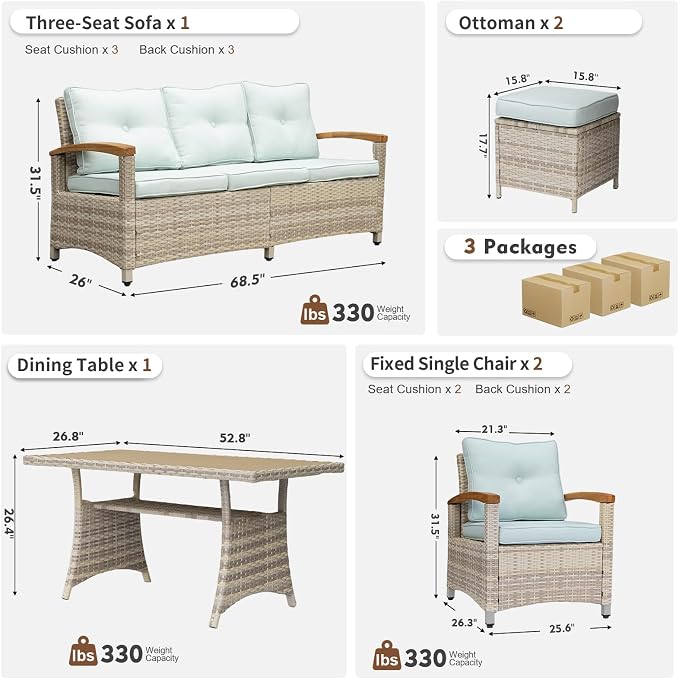 MEISSALIVVE 6 Pieces Patio Furniture Sets, PE Wicker Outdoor Conversation Sets with 2 Wood Armrests Single Chairs, 2 Ottomans and Dining Table (Blue)