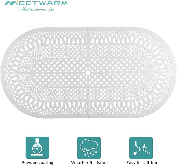 MEETWARM Outdoor 84" Oval Patio Dining Table, All Weather Cast Aluminum Large Patio Furniture Table Fits for 6-8 Person with 2" Umbrella Hole, White