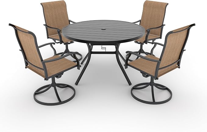Anmutig 5-Piece Outdoor Dining Set, 48" Round Table with 4 Swivel Textilene Chairs All Weather Furniture Set, Brown
