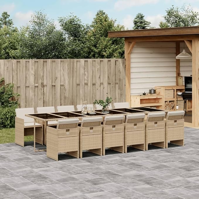 13 Piece Patio Dining Set with Cushions Beige Poly Rattan Outdoor Dining Table for 12 People Garden Furniture Set with Foldable Chairs Tempered Glass Top UV Proof Space Saving for Backyard Poolside