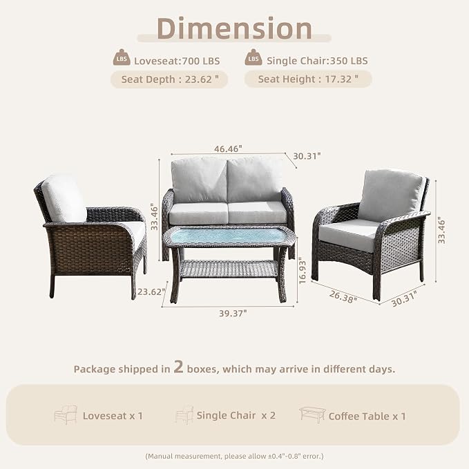 CAODOC 4-Piece Wicker Patio Furniture Set, All-Weather Rattan Conversation Bistro Loveseat Chair and Table Set for Backyard, Balcony and Deck with Soft Cushions and Metal Table(Gray)