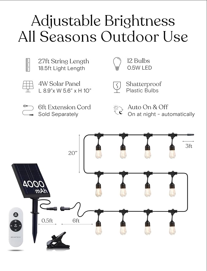 Brightech Ambience Pro Super Bright Solar - 27Ft Remote Control Outdoor String Lights, Shatterproof S14 Edison Bulbs, Commercial Grade LED, Waterproof Patio Lights for Deck, 4W Soft White, 12 Bulbs