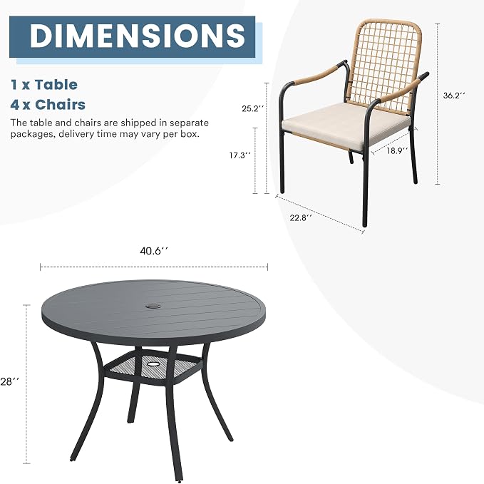 DIFY 5 Pieces Outdoor Dining Set for 4, 40.6" Round Dining Table with Umbrella Hole & Wicker Stackable Patio Chairs with Cushions, Metal Patio Table and Chairs Set for Backyard Porch Garden, Grey