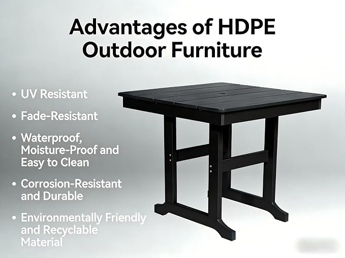 KEIKI 35" HDPE Outdoor Table, All Weather Patio Table with Umbrella Hole, Waterproof & Fade Resistant, Wood Grain Finish, Easy Assembly Patio Furniture for Garden Balcony Poolside Backyard, Black