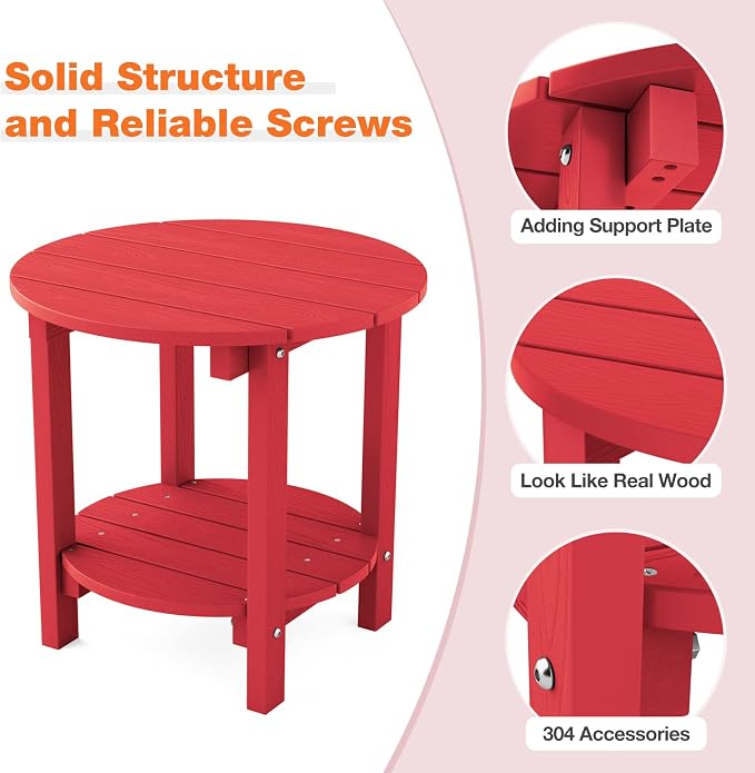 YEFU Adirondack Side Table,18" Double Outdoor Side Table, Poly Lumber end Table, Weather Resistant for Indoor, Patio, Pool, Porch, Backyard-Red